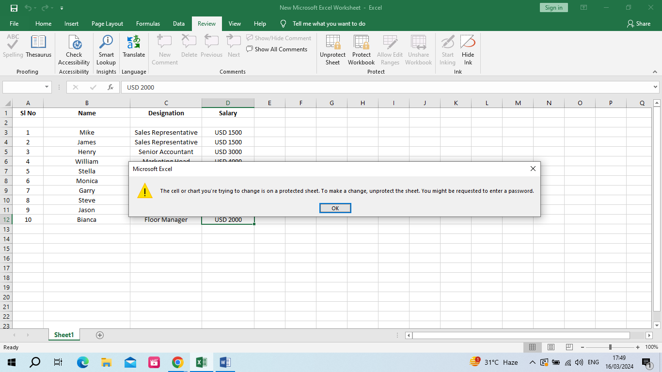 Error message for editing cells after worksheet protection is on