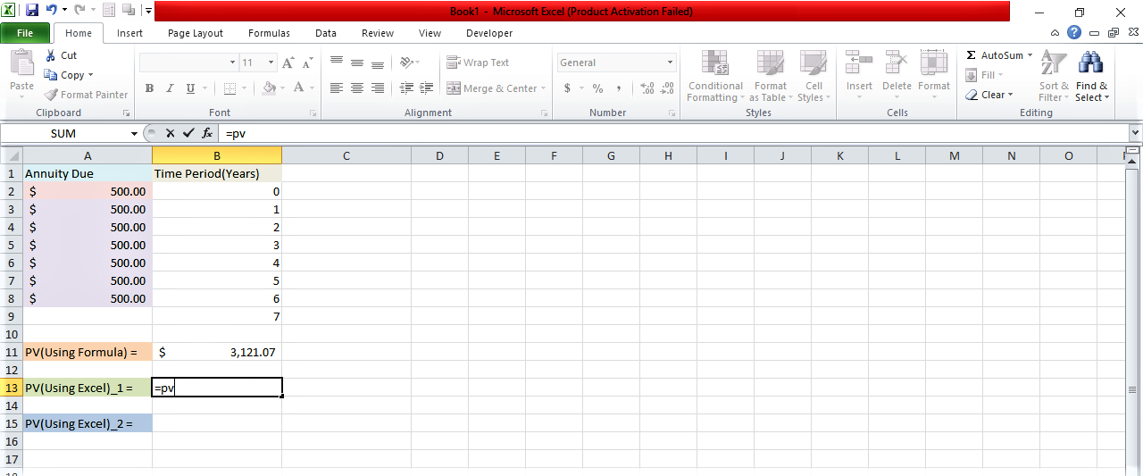 typing excel formula for calculating present value of annuity