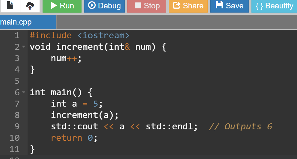 Program for modifying actual parameters using reference variable in C++