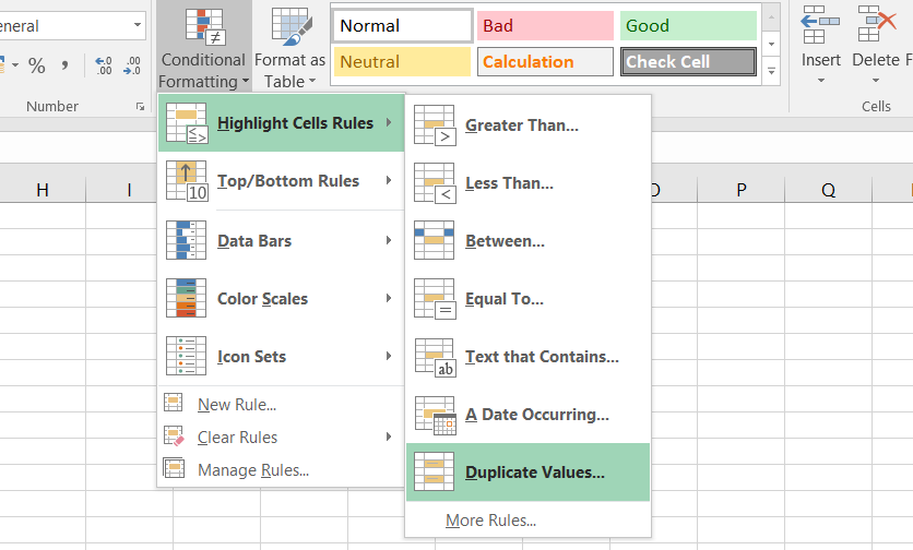 Highlight cell rules and duplicate values