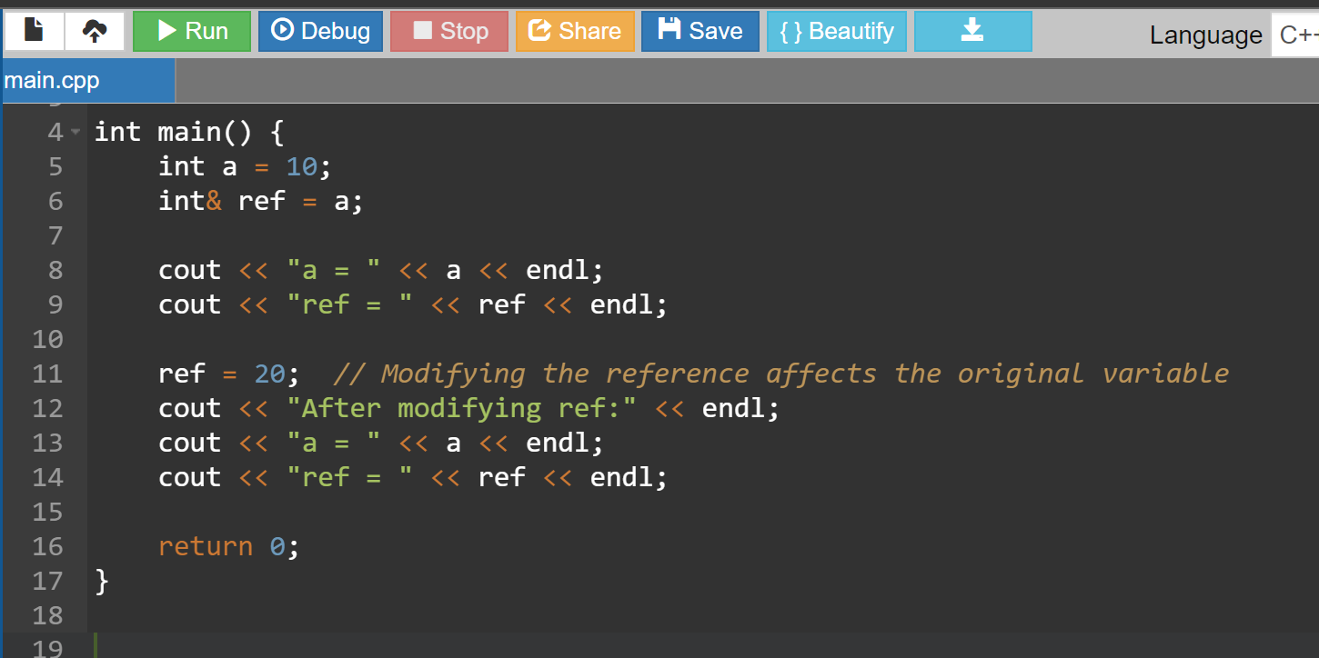 Example of reference variable in C++