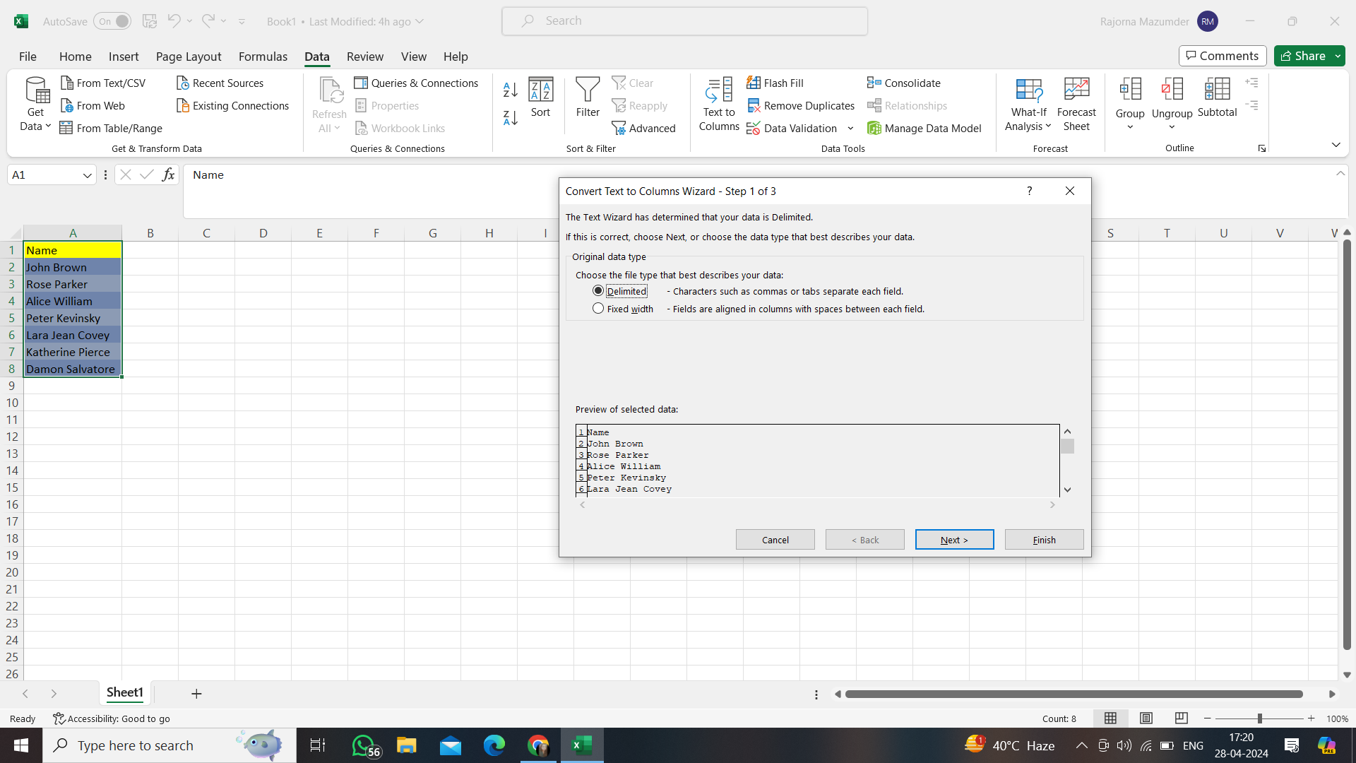 Selecting the Delimited option