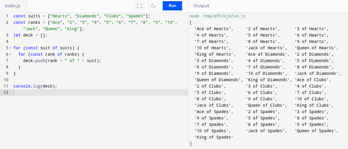 Creating a deck of cards in JS