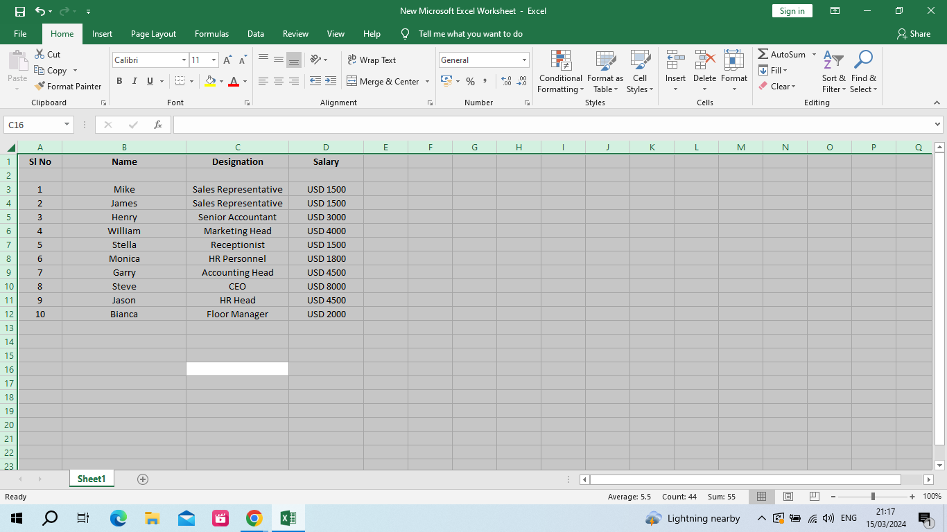 Selecting all cells