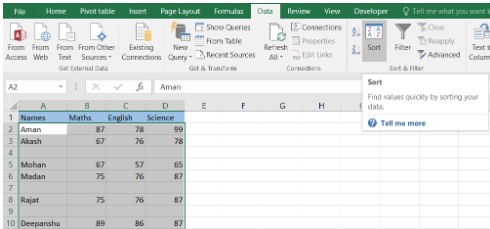 sorting in excel