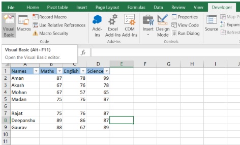 Visual Basic on developer option.